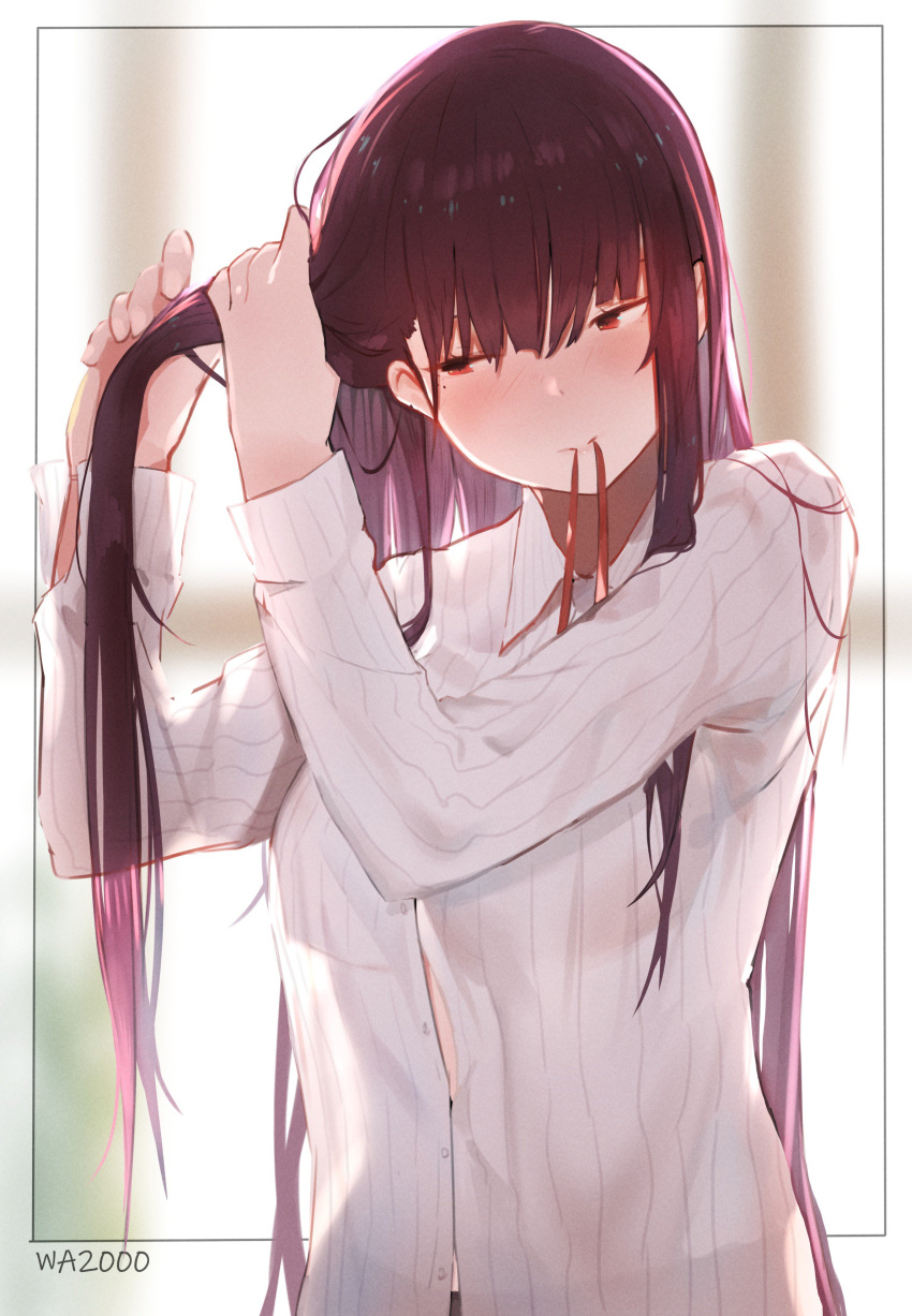1girl absurdres bangs black_legwear blush breasts character_name collared_shirt day girls_frontline hair_ribbon half_updo highres holding holding_hair indoors isaka_wasabi large_breasts long_hair long_sleeves looking_away mouth_hold one_side_up pantyhose purple_hair red_eyes ribbon ribbon_in_mouth shirt sidelocks solo striped striped_shirt tying_hair upper_body very_long_hair wa2000_(girls_frontline)