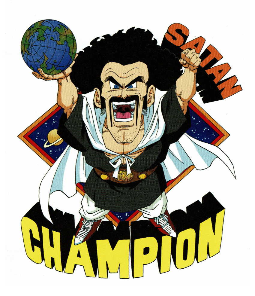 1boy absurdres arms_up black_hair black_shirt blue_eyes cape championship_belt character_name chest chibi clenched_hand dragon_ball dragonball_z earth english facial_hair fingernails from_above frown grin highres looking_at_viewer male_focus mr._satan mustache night night_sky official_art open_mouth outstretched_arms pants planet shirt short_hair simple_background sky smile spread_legs standing star_(sky) starry_sky teeth toriyama_akira white_background white_cape white_pants