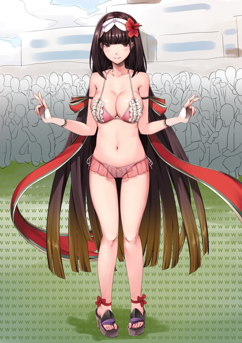 1girl ankle_ribbon arm_warmers bikini bikini_skirt black_hair blush breasts brown_hair cleavage collarbone commentary_request fate/grand_order fate_(series) flower frilled_bikini frills full_body gradient_hair hair_flower hair_ornament hairband highres large_breasts light_blush light_smile long_hair looking_at_viewer multicolored_hair navel osakabe-hime_(fate/grand_order) pink_bikini puruchorin red_ribbon ribbon sandals side-tie_bikini smile solo_focus standing swimsuit very_long_hair violet_eyes