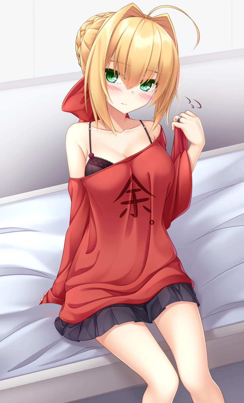 1girl ahoge bangs bare_shoulders bed black_bra black_skirt blonde_hair blush bow bra braid breasts cleavage closed_mouth clothes_writing collarbone eyebrows_visible_through_hair fate/extra fate_(series) flying_sweatdrops green_eyes hair_between_eyes hair_bow hair_bun hair_intakes hand_in_hair head_tilt highres jewelry lace lace-trimmed_bra long_sleeves medium_breasts nero_claudius_(fate) nero_claudius_(fate)_(all) off-shoulder_shirt on_bed pleated_skirt red_bow red_shirt ring shirt sidelocks sitting sitting_on_bed skirt sleeves_past_wrists solo underwear wide_sleeves yoye_(pastel_white)