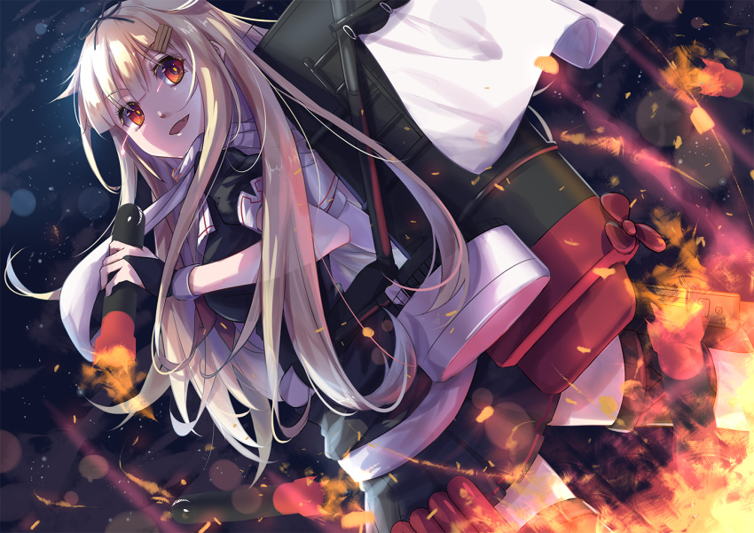 1girl :d black_ribbon black_serafuku black_shirt black_skirt blonde_hair dutch_angle floating_hair from_below hair_ribbon holding holding_torpedo kantai_collection katee lens_flare long_hair looking_back miniskirt open_mouth pleated_skirt red_eyes remodel_(kantai_collection) ribbon sailor_collar scarf school_uniform serafuku shirt short_sleeves skirt smile solo standing thigh_strap torpedo very_long_hair white_sailor_collar white_scarf yuudachi_(kantai_collection)