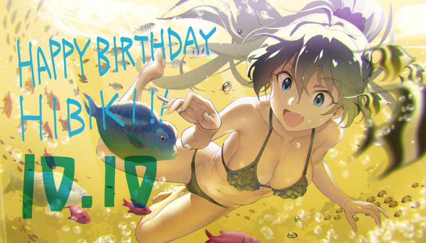 1girl andou_shuuki antenna_hair bare_legs barefoot bikini black_bikini black_hair blue_eyes breasts cleavage commentary_request fang fingernails fish ganaha_hibiki hair_between_eyes hair_ornament hair_scrunchie happy_birthday high_ponytail idolmaster idolmaster_(classic) medium_breasts midriff navel ponytail scrunchie solo swimming swimsuit underwater