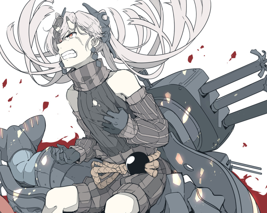 1girl abyssal_crane_hime angry clutching_chest cowboy_shot detached_sleeves earrings gloves horns japanese_clothes jewelry kantai_collection long_hair looking_away ninimo_nimo orange_eyes pale_skin shinkaisei-kan solo white_hair