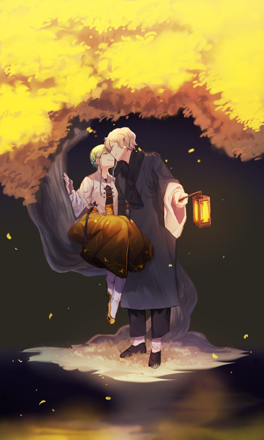 1boy 1girl absurdres black_background black_footwear black_pants blonde_hair braid closed_eyes crown_braid green_hair hetero highres lantern nabezuru nuzzle original pants skirt tree yellow_leaves yellow_skirt