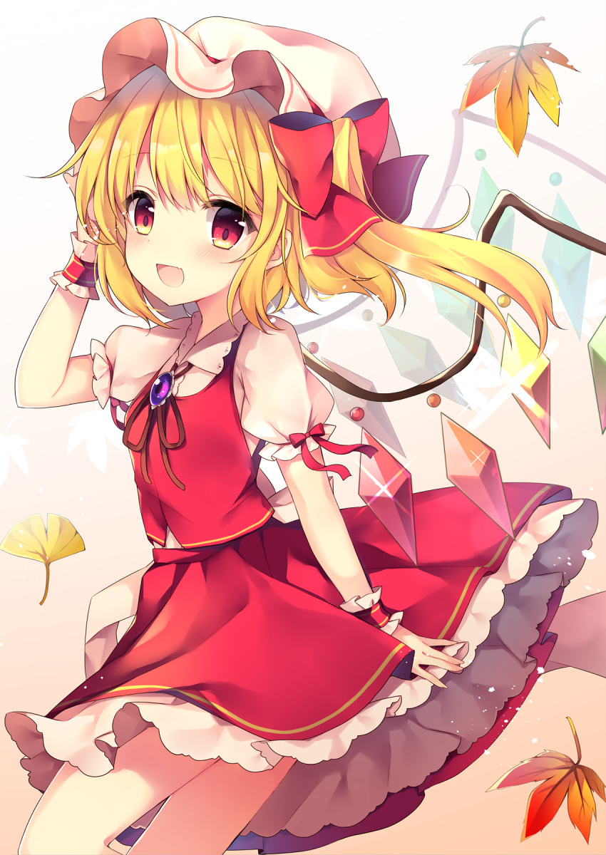 1girl :d arm_up autumn_leaves bangs beige_background blonde_hair bow breasts brooch brown_neckwear brown_ribbon commentary_request crystal eyebrows_visible_through_hair fang feet_out_of_frame flandre_scarlet gradient gradient_background hat hat_bow head_tilt highres jewelry lace_trim light_particles long_hair mob_cap neck_ribbon one_side_up open_mouth petticoat puffy_short_sleeves puffy_sleeves red_bow red_eyes red_skirt red_vest ribbon ruhika shirt short_sleeves skirt skirt_set small_breasts smile solo thighs touhou vest white_background white_hat white_shirt wings wrist_cuffs