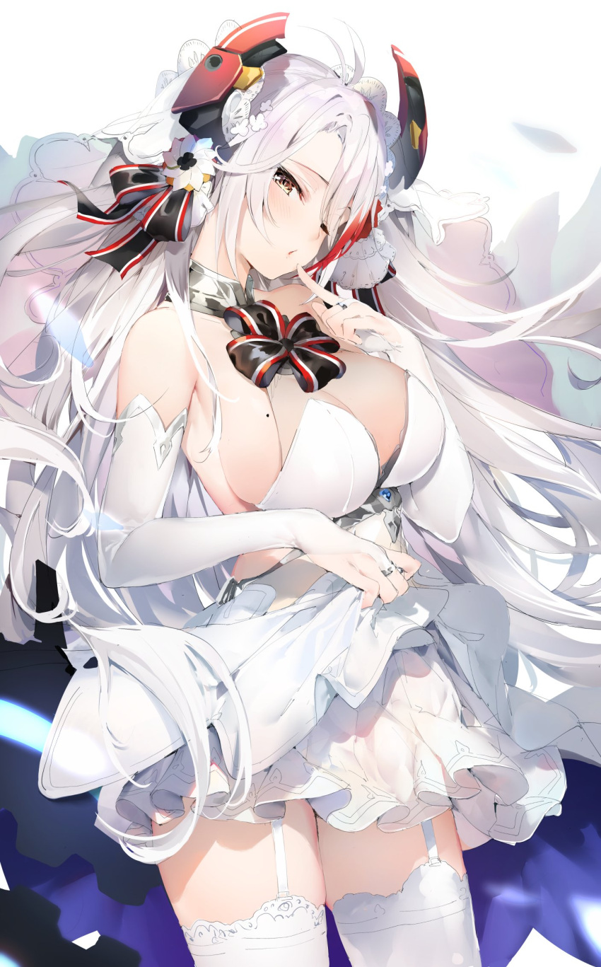 1girl antenna_hair azur_lane bangs bare_shoulders black_ribbon blush breasts bridal_gauntlets bridal_veil cleavage dress finger_to_mouth flower garter_straps hair_flower hair_ornament highres jewelry long_hair looking_at_viewer mole mole_on_breast multicolored_hair one_eye_closed prinz_eugen_(azur_lane) ribbon ring sideboob silver_hair skirt skirt_lift solo streaked_hair swept_bangs thigh-highs thighs two_side_up umibouzu_(niito) veil wedding_dress white_background white_dress white_legwear yellow_eyes