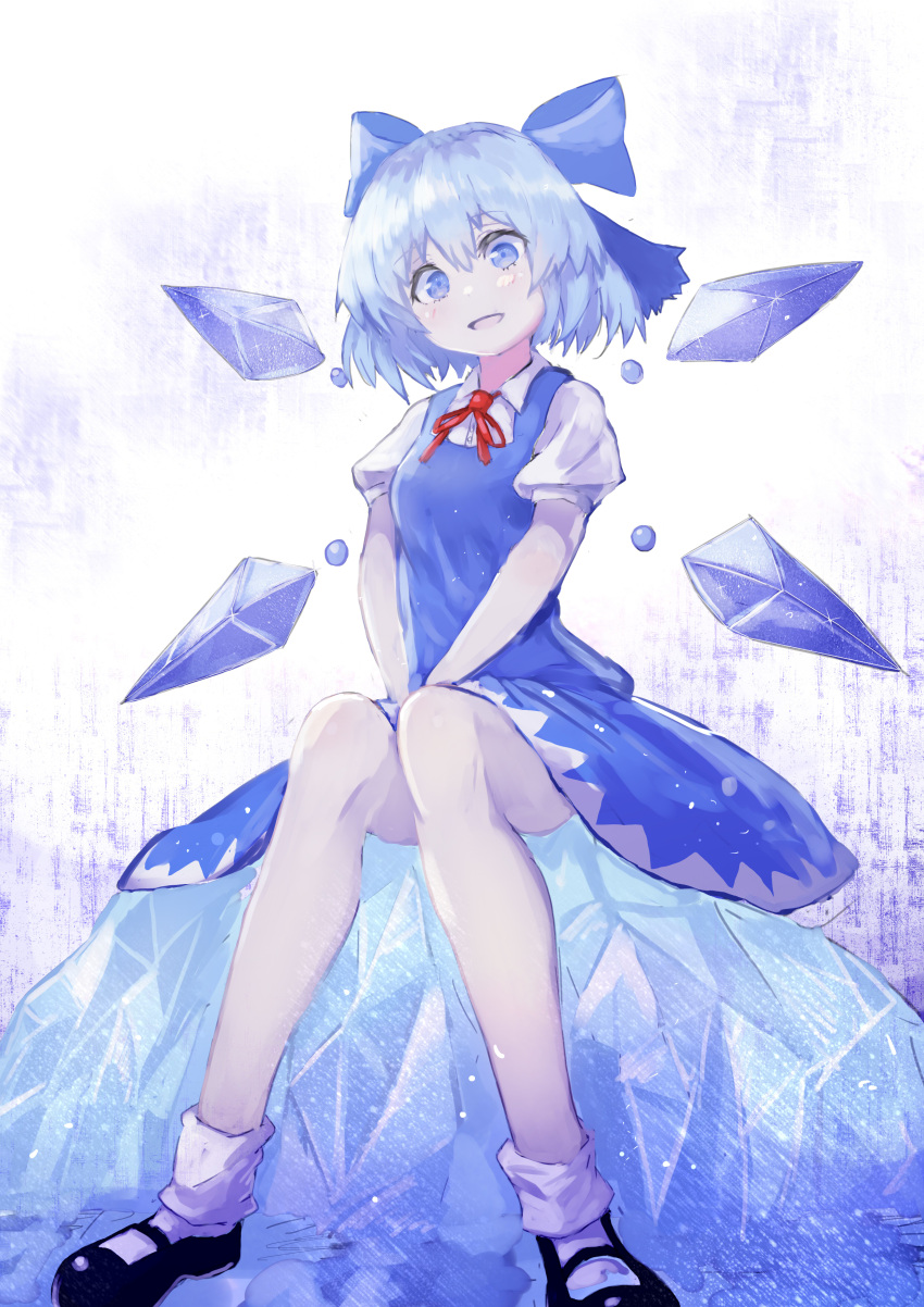 1girl absurdres between_legs black_footwear blue_bow blue_dress blue_eyes blue_hair blush bobby_socks bow cirno dress eyebrows_visible_through_hair full_body hair_bow hand_between_legs highres ice knees_together_feet_apart looking_at_viewer mary_janes neck_ribbon open_mouth puffy_sleeves red_ribbon ribbon shards shiny shiny_hair shoes short_hair sitting smile socks solo sparkle touhou watchi white_legwear wings