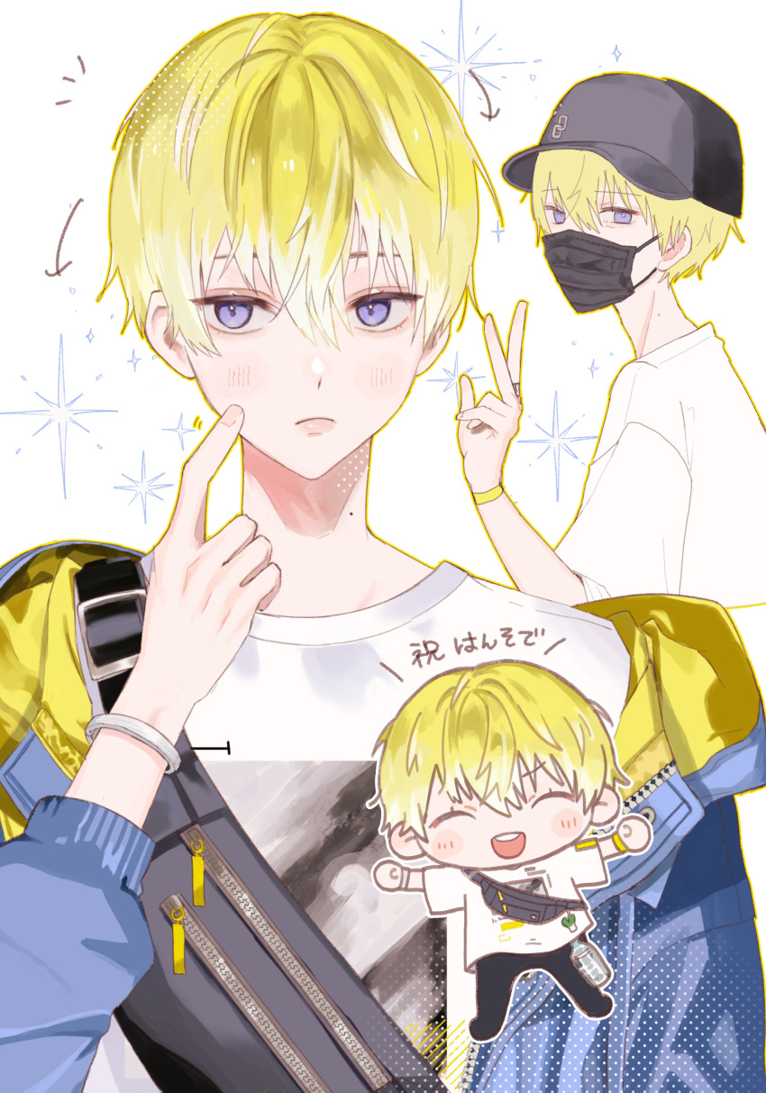 1boy :d ^_^ absurdres arrow_(symbol) baseball_cap black_headwear black_mask black_pants blonde_hair blue_jacket blush bracelet buchi_(ch1m1_m0ury0u) charm_(object) chibi closed_eyes closed_mouth commentary_request covered_mouth fanny_pack frown gradient_hair hair_between_eyes hand_up hat highres jacket jewelry long_sleeves looking_at_viewer looking_to_the_side male_focus mask mole mole_on_neck mouth_mask multicolored_hair multiple_views nijisanji nijisanji_en off_shoulder official_alternate_costume open_clothes open_jacket open_mouth pants print_shirt ring shirt short_hair short_sleeves simple_background smile sonny_brisko sonny_brisko_(2nd_costume) sparkle spring_onion t-shirt teeth translation_request upper_body upper_teeth_only v-shaped_eyebrows violet_eyes virtual_youtuber white_background white_hair white_shirt zipper zipper_pull_tab
