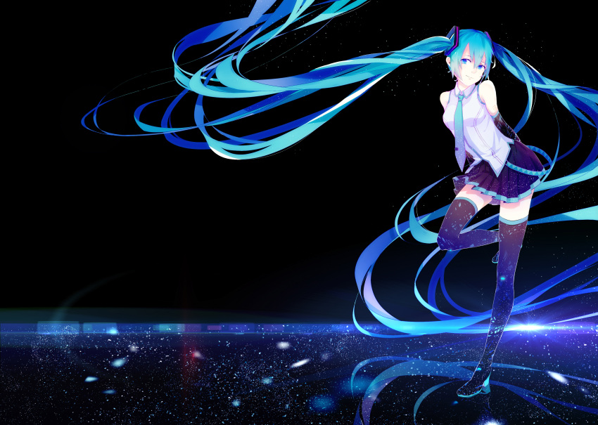 1girl absurdly_long_hair absurdres arms_behind_back black_background black_legwear black_skirt blue_eyes blue_hair blue_neckwear detached_sleeves floating_hair hair_between_eyes hair_ornament hatsune_miku highres leaning_forward leg_up long_hair miniskirt necktie pleated_skirt shirt skirt sleeveless sleeveless_shirt smile solo standing standing_on_one_leg thigh-highs tss-mire very_long_hair vocaloid white_shirt zettai_ryouiki