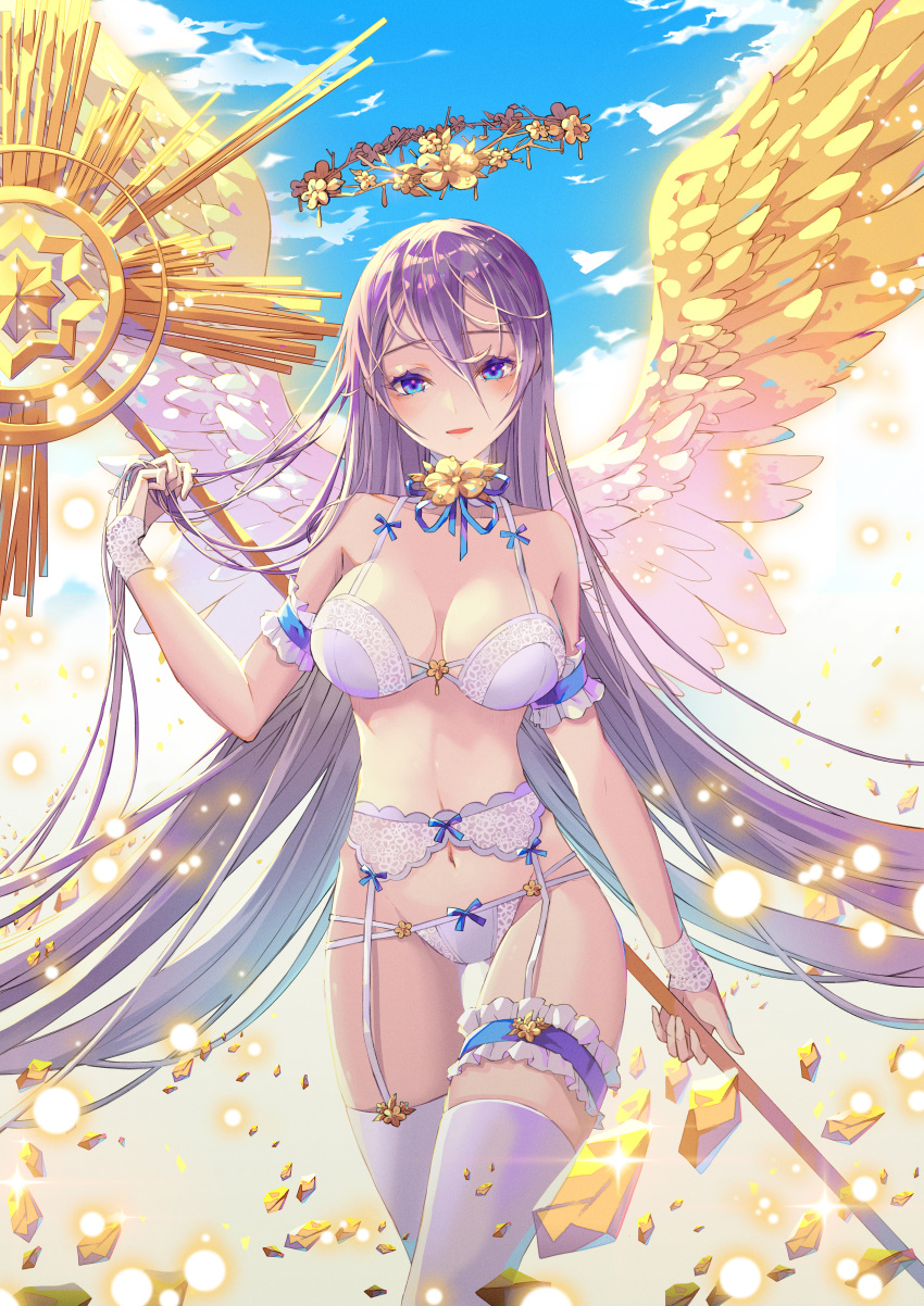 1girl absurdly_long_hair absurdres angel_wings blue_eyes blush bra breasts cleavage collarbone eyebrows_visible_through_hair garter_belt grey_hair halo highres holding holding_staff huge_filesize jii_dayday large_breasts long_hair looking_at_viewer navel original panties parted_lips smile solo staff thigh-highs underwear very_long_hair white_bra white_legwear white_panties wings