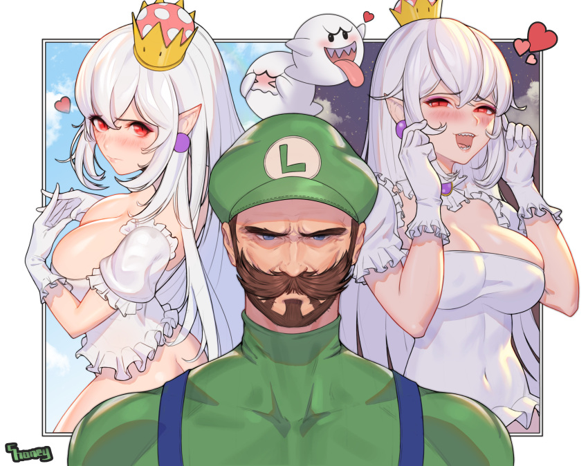 1boy 1girl absurdres beard boo breasts brown_hair butt_crack choney cleavage collar covered_navel covering_face crown dual_persona embarrassed facial_hair frilled_collar frills gloves hat highres large_breasts looking_at_viewer luigi luigi's_mansion super_mario_bros. mini_crown mustache nintendo no_pants open_mouth pointy_ears princess_king_boo red_eyes serious sharp_teeth super_crown super_mario_bros. teeth white_gloves white_hair