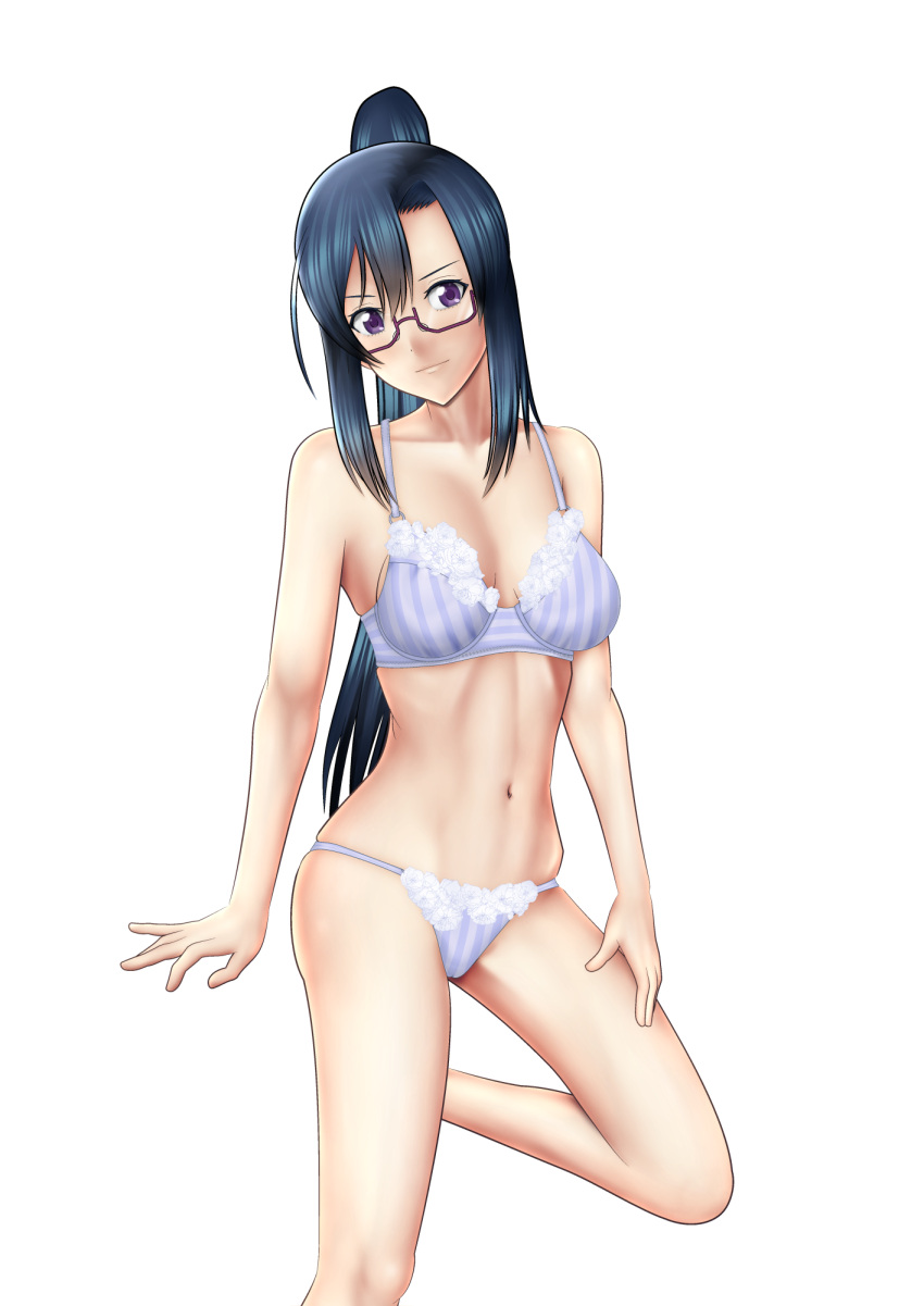 1girl asymmetrical_bangs bangs black-framed_eyewear black_hair bra breasts closed_mouth commentary_request glasses hand_on_own_thigh hanebado! head_tilt highres izumi_riko lace lace-trimmed_bra lace-trimmed_panties leg_up legs light_smile long_hair looking_at_viewer medium_breasts navel panties ponytail semi-rimless_eyewear sidelocks simple_background skindentation solo standing standing_on_one_leg string_panties striped under-rim_eyewear underwear vertical-striped_bra vertical-striped_panties vertical_stripes violet_eyes white_background y_y_e_cart_mach