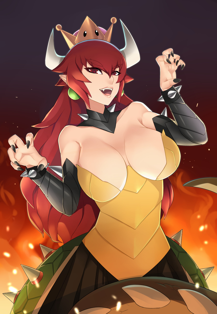 absurdres black_collar black_nails black_skirt bowsette bracelet breastplate breasts bustier claw_pose cleavage collar crown earrings eyebrows_visible_through_hair fangs fire green_earrings hair_between_eyes highres horns jewelry large_breasts long_hair looking_at_viewer super_mario_bros. nail_polish new_super_mario_bros._u_deluxe nintendo open_mouth pleated_skirt pointy_ears red_eyes redhead skirt solo spiked_bracelet spiked_collar spiked_shell spiked_tail spikes strapless super_crown tail turtle_shell xkit
