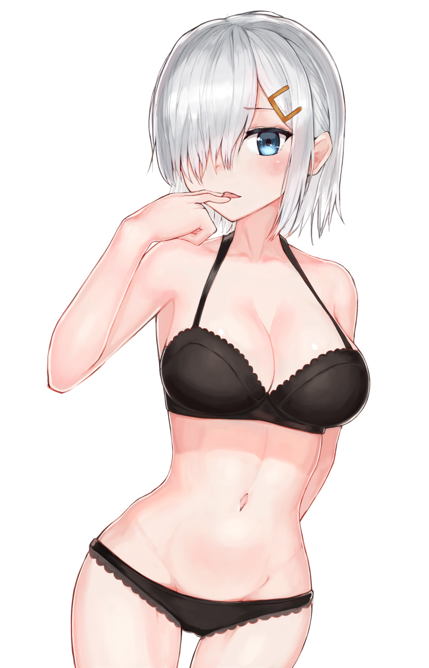 1girl absurdres arm_behind_back bare_arms bare_shoulders black_bra black_panties blue_eyes blush bra breasts cleavage collarbone dutch_angle finger_to_mouth grey_hair groin hair_ornament hair_over_one_eye hairclip hamakaze_(kantai_collection) hand_up highres hoshibudou kantai_collection large_breasts navel open_mouth panties shiny shiny_hair short_hair simple_background smile solo stomach underwear underwear_only white_background