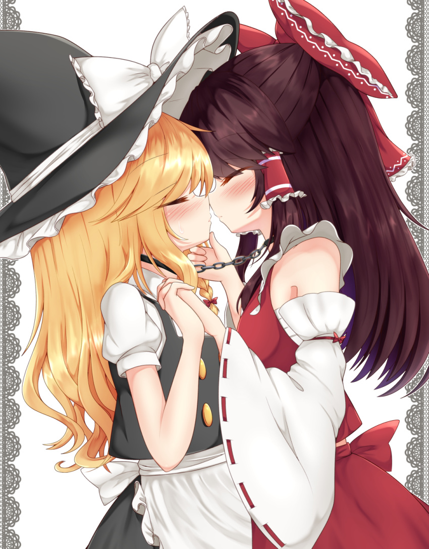 2girls apron bangs bare_shoulders black_collar black_hat black_skirt black_vest blonde_hair blush bow braid brown_hair chains collar commentary_request cowboy_shot detached_sleeves eyebrows_visible_through_hair facing_another frilled_apron frilled_bow frills from_side hair_bow hair_tubes hakurei_reimu hand_holding hat hat_bow highres kirisame_marisa kiss lace_trim long_hair long_sleeves multiple_girls profile puffy_short_sleeves puffy_sleeves rankasei red_bow red_skirt ribbon-trimmed_sleeves ribbon_trim sarashi short_sleeves sidelocks simple_background single_braid skirt skirt_set standing touhou vest waist_apron white_apron white_background white_bow wide_sleeves witch_hat yuri