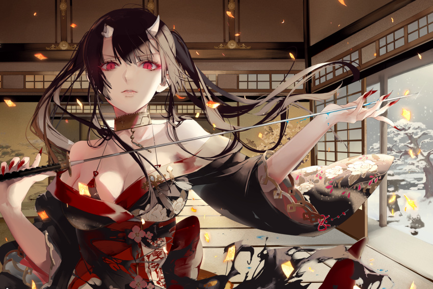 1girl architecture bangs bare_shoulders bikini_top black_hair breasts cleavage collar east_asian_architecture eyebrows_visible_through_hair eyeshadow facing_viewer hair_between_eyes halterneck holding holding_sword holding_weapon horns indoors japanese_clothes katana kimono large_breasts long_hair looking_at_viewer makeup nail_polish obi off_shoulder original parted_lips red_eyes red_nails sash sharp_nails sliding_doors snowing standing sword tatami tree weapon wide_sleeves yukisame