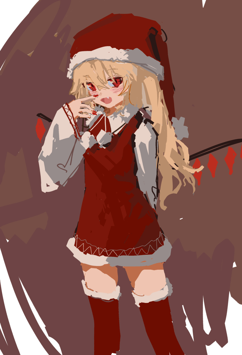 1girl :d absurdres alternate_color alternate_costume alternate_headwear arm_behind_back bangs blonde_hair brown_background christmas collared_shirt drawstring dress eyebrows_visible_through_hair fang feet_out_of_frame flandre_scarlet from_side fur-trimmed_dress fur-trimmed_headwear fur-trimmed_legwear fur_trim hair_between_eyes hand_up hat highres long_hair long_sleeves looking_at_viewer looking_to_the_side nail_polish no_lineart open_mouth pinafore_dress pom_pom_(clothes) red_dress red_eyes red_headwear red_legwear red_nails reddizen santa_hat shirt short_dress side_ponytail sketch skin_fang slit_pupils smile solo standing thigh-highs touhou white_shirt wing_collar zettai_ryouiki