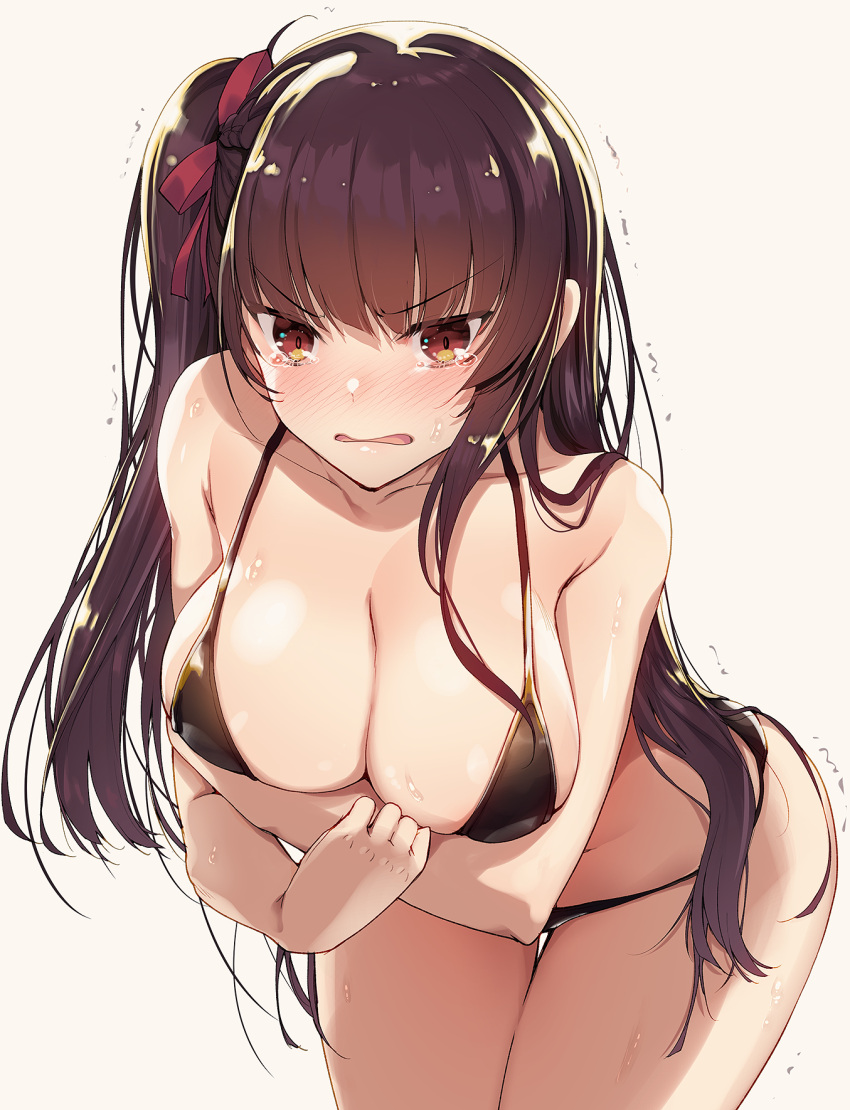 1girl akahito alternate_costume arm_under_breasts ass bangs bare_shoulders bikini black_bikini blush braid breasts cleavage collarbone commentary embarrassed eyebrows_visible_through_hair french_braid girls_frontline hair_ribbon half_updo highres large_breasts leaning_forward long_hair looking_at_viewer one_side_up open_mouth purple_hair red_eyes red_ribbon ribbon sidelocks simple_background skindentation solo stomach swimsuit tearing_up thighs trembling tsurime very_long_hair wa2000_(girls_frontline) wet