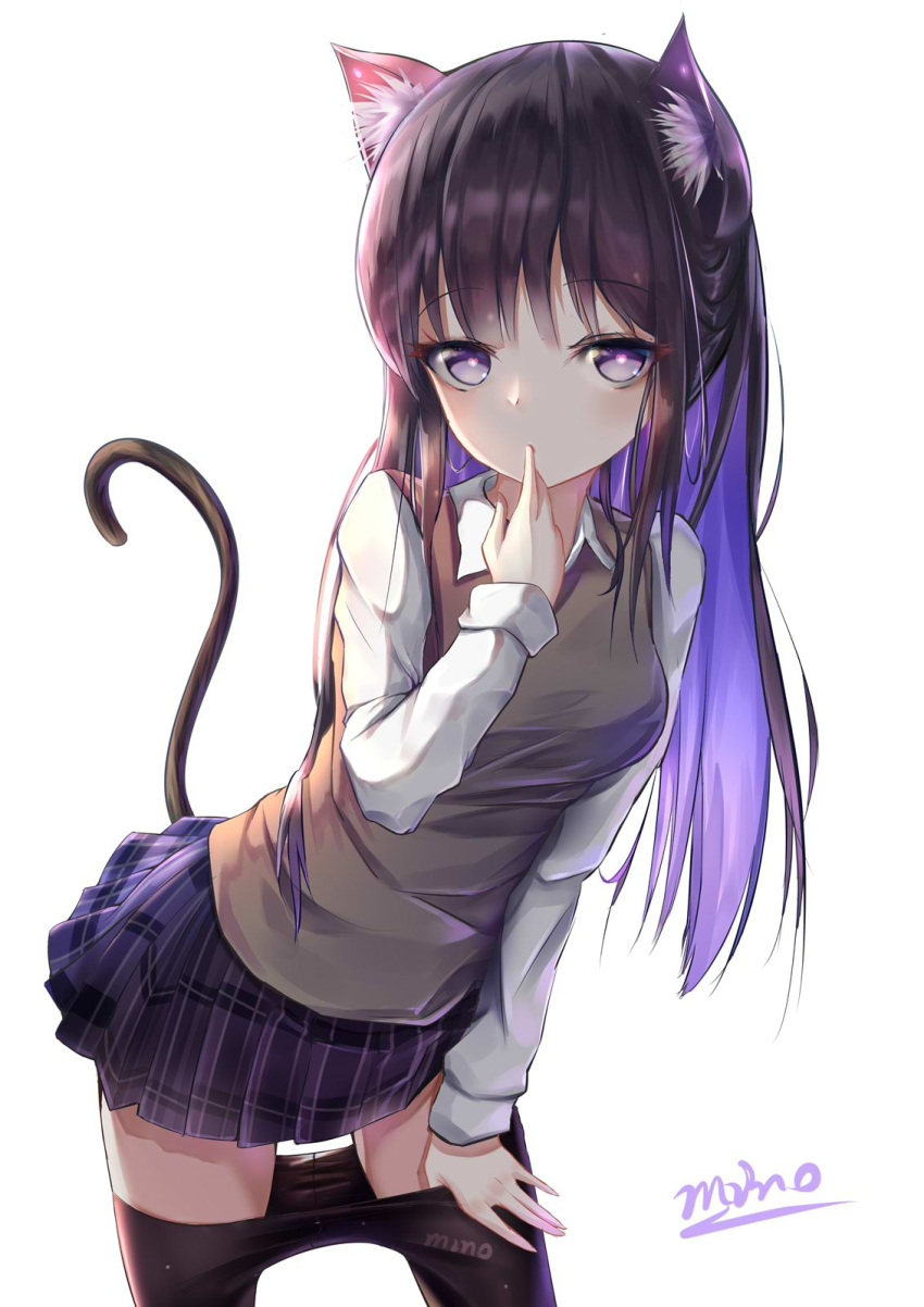 1girl animal_ear_fluff animal_ears artist_name breasts cat_ears cat_tail finger_to_mouth highres leaning_forward long_hair long_sleeves mino_(andohou) original pantyhose plaid plaid_skirt school_uniform skirt small_breasts solo tail undressing uniform very_long_hair violet_eyes white_background