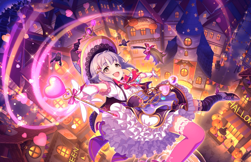 1girl ankle_boots artist_request bangs bat blush boots bow broom brown_eyes building candy cape decorations elbow_gloves food frilled_skirt frills from_above gloves hair_flaps hair_ornament hairclip halloween halloween_costume happy_halloween hat heart highres house idolmaster idolmaster_cinderella_girls idolmaster_cinderella_girls_starlight_stage jack-o'-lantern koshimizu_sachiko lace lace-trimmed_thighhighs lavender_hair looking_at_viewer mismatched_legwear night official_art open_mouth outstretched_arms puffy_short_sleeves puffy_sleeves pumpkin short_hair short_sleeves skirt smile solo striped striped_legwear suspenders thigh-highs witch witch_hat zettai_ryouiki