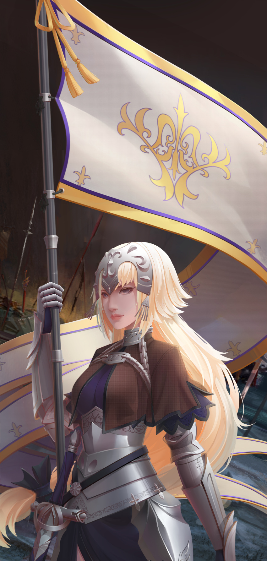 1girl absurdres armor blonde_hair chains dark_sky fate/grand_order fate_(series) flag gauntlets grey_eyes headpiece highres jeanne_d'arc_(fate)_(all) long_hair looking_at_viewer outdoors planted_spear planted_sword planted_weapon sheath sheathed solo standing sword weapon yizhibao