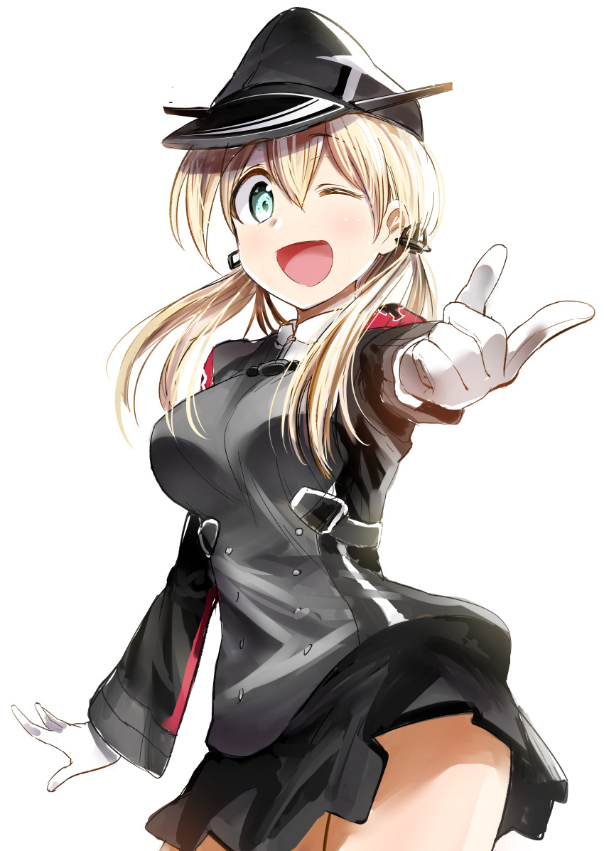 1girl absurdres anchor_hair_ornament bangs blonde_hair blush breasts gloves hair_ornament hat highres kantai_collection large_breasts long_hair looking_at_viewer low_twintails military military_uniform one_eye_closed open_mouth peaked_cap pointing pointing_at_viewer prinz_eugen_(kantai_collection) sidelocks simple_background skirt smile solo swimmer_(konno_ryuunosuke) twintails uniform white_background white_gloves