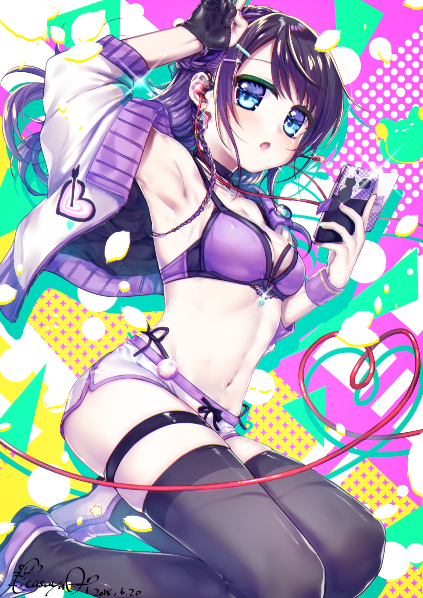 1girl armpits arms_up black_choker black_gloves black_legwear black_panties black_string blue_eyes blush bra braid breasts choker commentary_request cropped_jacket earrings fingerless_gloves gloves hand_on_own_head headphones heart heart_print highres holding holding_phone jacket jewelry kitasaya_ai long_hair looking_at_viewer medium_breasts nail_polish navel necklace open_clothes open_jacket original panties panties_under_shorts phone pink_nails purple_bra purple_footwear purple_hair shoes short_shorts shorts shorts_string side-tie_panties single_fingerless_glove skindentation solo sparkle stomach swimsuit thigh-highs thigh_strap underwear white_jacket white_shorts