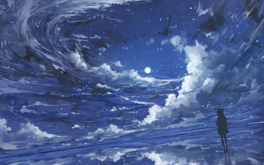 1girl axleaki clouds cloudy_sky commentary full_moon highres horizon moon moonlight night night_sky ocean original reflection scenery silhouette sky solo standing standing_on_liquid water