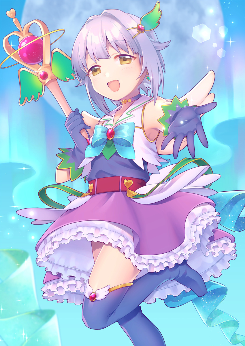 1girl aurora blue_background boots bow choker commentary_request eyebrows_visible_through_hair frilled_skirt frills gloves hair_intakes hair_ornament hairclip highres idol idolmaster idolmaster_cinderella_girls koshimizu_sachiko looking_at_viewer magical_girl outstretched_hand purple_hair scepter short_hair skirt sleeveless solo standing standing_on_one_leg thigh-highs thigh_boots uso_(ameuzaki) wand yellow_eyes