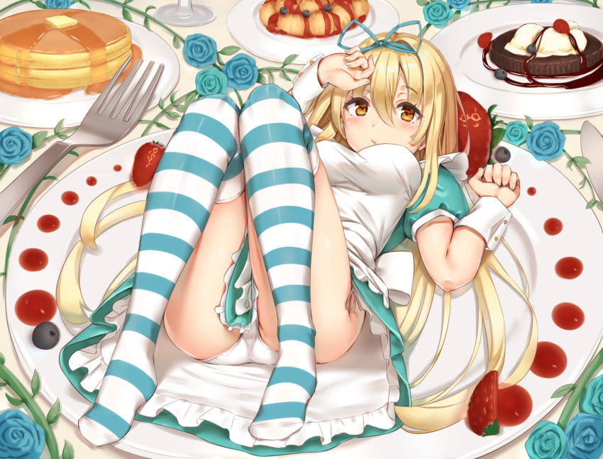 1girl apron ass blonde_hair blue_dress blue_flower blue_hairband blue_rose blush breasts commentary_request cookie dress eyebrows_visible_through_hair flower food fork full_body hair_between_eyes hairband hand_on_forehead jitome lips long_hair looking_at_viewer lying medium_breasts on_back on_plate orange_eyes original oversized_object panties pantyshot plate puffy_short_sleeves puffy_sleeves reinama rose short_sleeves solo striped striped_legwear table thigh-highs thighs two-tone_legwear underwear white_panties