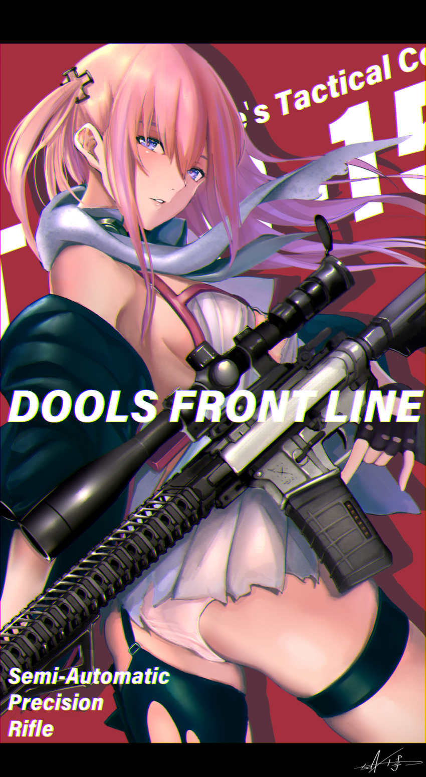 1girl ar-15 assault_rifle bangs black_gloves blue_eyes blue_hair blush breasts character_name damaged dress eyebrows_visible_through_hair fingerless_gloves from_side girls_frontline gloves gun hair_between_eyes hair_ornament hairclip half-closed_eyes highres holding holding_gun holding_weapon jacket kisaragi_chiyuki letterboxed long_hair looking_at_viewer multicolored_hair one_side_up panties parted_lips pink_hair pinky_out rifle scarf sidelocks signature single_thighhigh skindentation small_breasts solo st_ar-15_(girls_frontline) streaked_hair thigh-highs thigh_strap torn_clothes torn_dress torn_thighhighs trigger_discipline underwear weapon white_panties