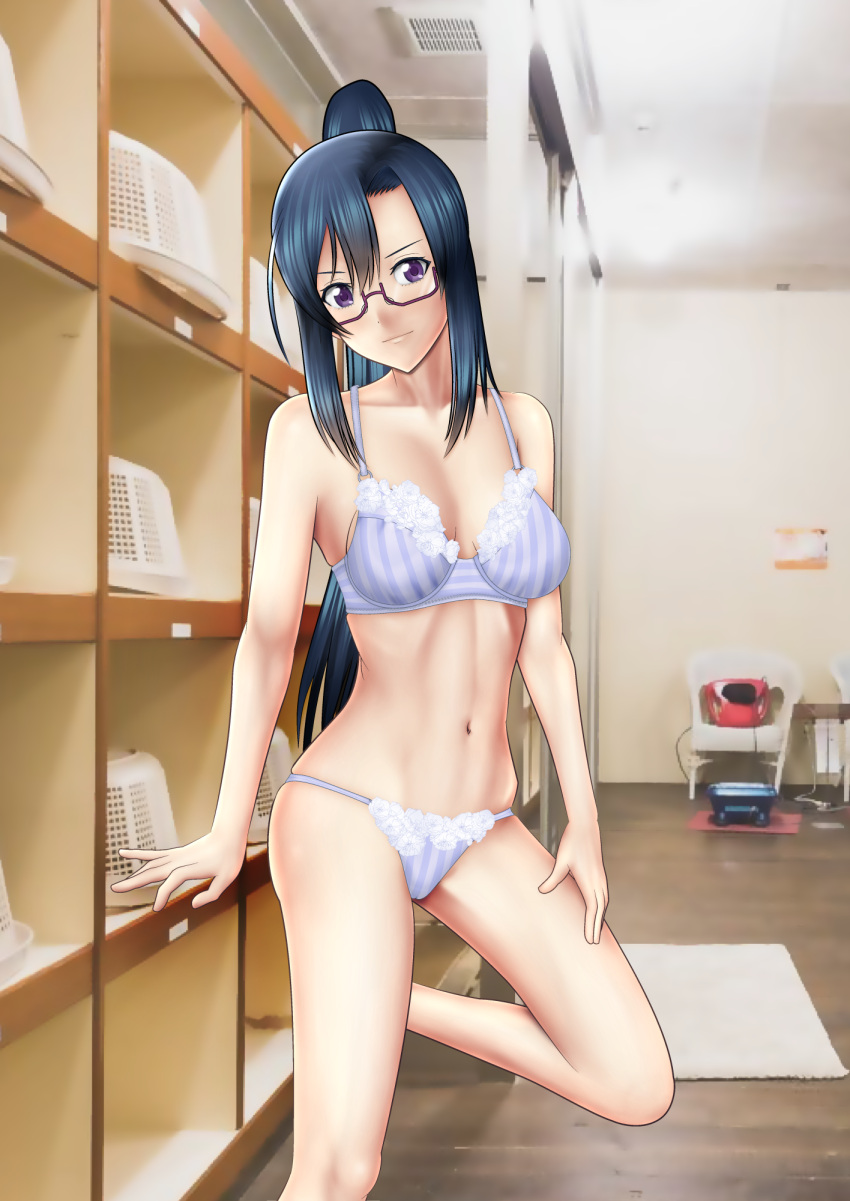 1girl arm_support asymmetrical_bangs bangs bath black-framed_eyewear black_hair bra breasts changing_room closed_mouth commentary_request glasses hand_on_own_thigh hanebado! head_tilt highres izumi_riko lace lace-trimmed_bra lace-trimmed_panties leg_up legs light_smile long_hair looking_at_viewer medium_breasts navel panties partial_commentary photo_background ponytail semi-rimless_eyewear sidelocks skindentation solo standing standing_on_one_leg string_panties striped under-rim_eyewear underwear vertical-striped_bra vertical-striped_panties vertical_stripes violet_eyes y_y_e_cart_mach