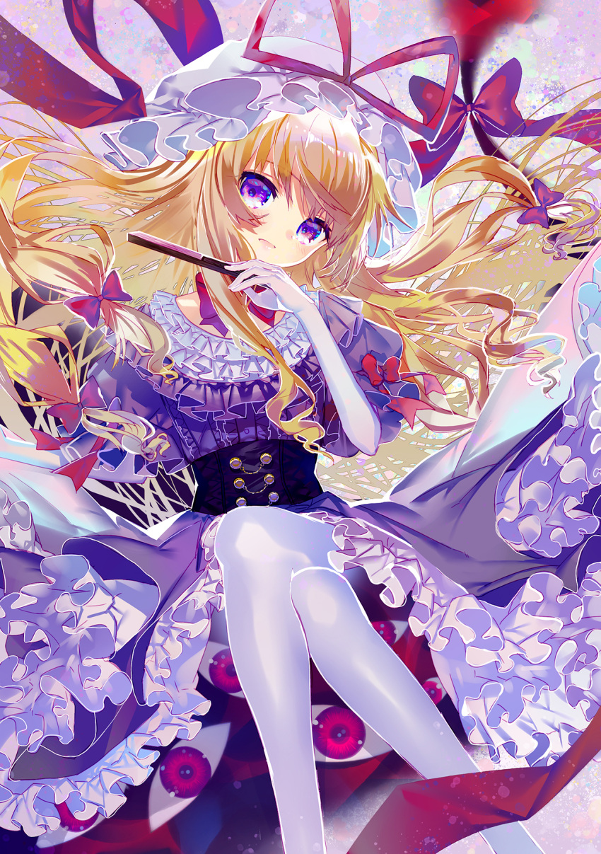 1girl bangs blonde_hair blush bow center_frills closed_fan commentary_request corset dress elbow_gloves eyes fan floating floating_object folding_fan frilled_dress frilled_sleeves frills gap gloves hair_bow hand_up hat hat_ribbon head_tilt highres hinasumire holding holding_fan legs_crossed long_hair looking_at_viewer mob_cap pantyhose parted_lips petticoat puffy_short_sleeves puffy_sleeves purple_dress red_bow red_ribbon ribbon short_sleeves solo touhou very_long_hair violet_eyes white_gloves white_legwear yakumo_yukari