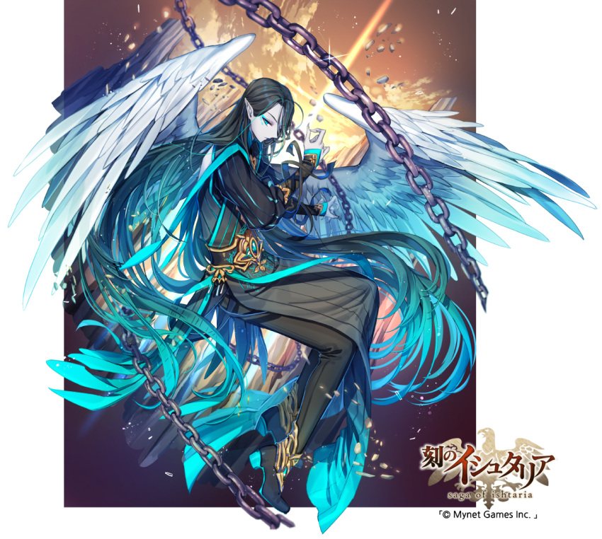 1boy age_of_ishtaria angel_wings black_footwear black_hair black_pants blue_eyes blue_hair chains company_name copyright_name eyeshadow fantasy feathered_wings full_body gradient_hair interitio long_hair makeup multicolored_hair official_art pale_skin pants profile very_long_hair watermark white_wings wings