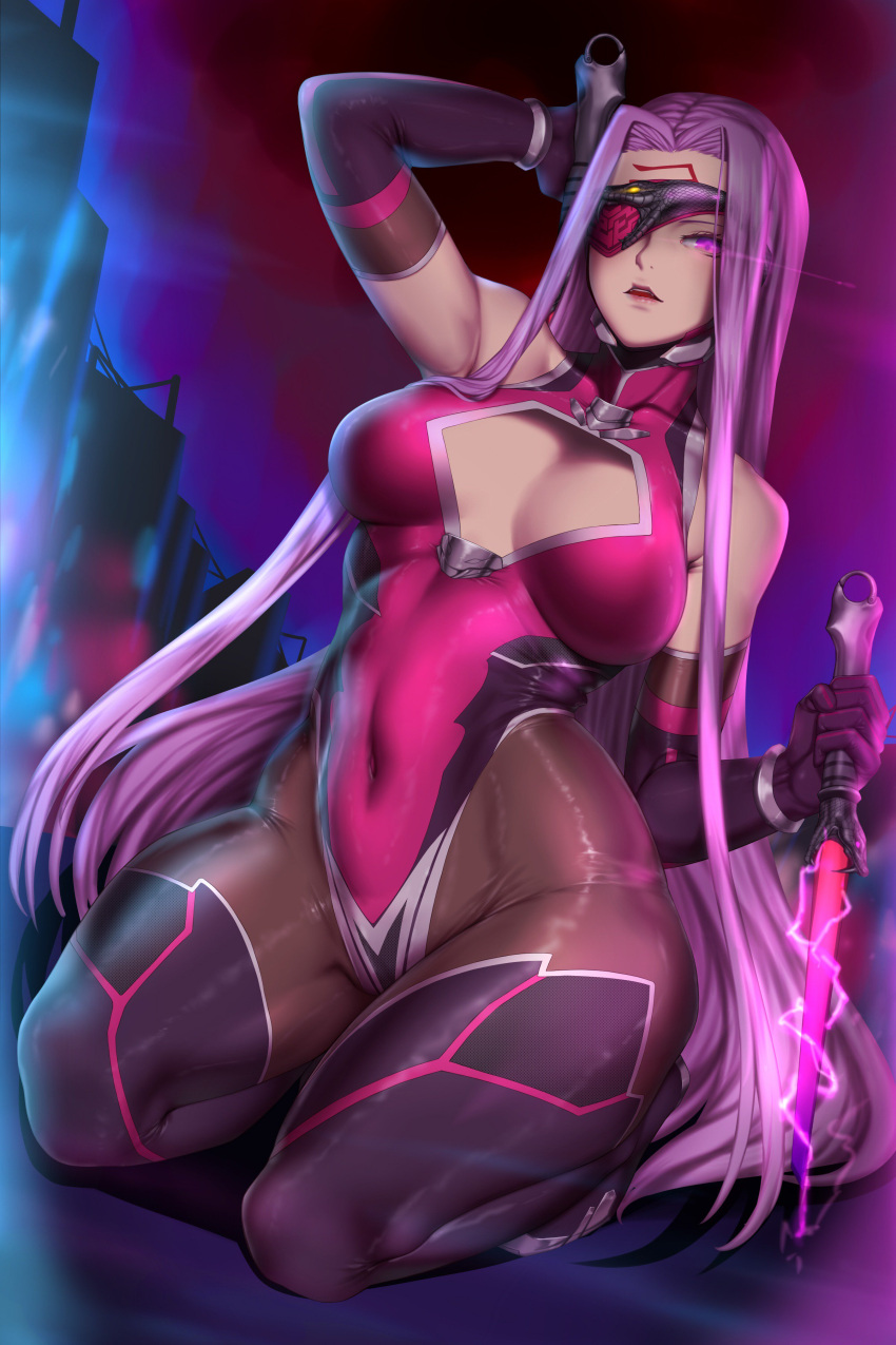 1girl absurdres alternate_costume arm_behind_head bare_shoulders boots bracelet breasts cleavage cleavage_cutout commentary_request covered_navel dagger detached_sleeves dual_wielding elbow_gloves eyepatch facial_mark facial_tattoo facing_viewer fate/grand_order fate_(series) forehead_mark gloves glowing glowing_eye high_collar highres holding holding_dagger holding_weapon jewelry kumiko_shiba large_breasts leotard long_hair looking_at_viewer pantyhose parted_lips pink_leotard purple_hair rider seiza sitting skin_tight solo tattoo thigh-highs thigh_boots very_long_hair weapon