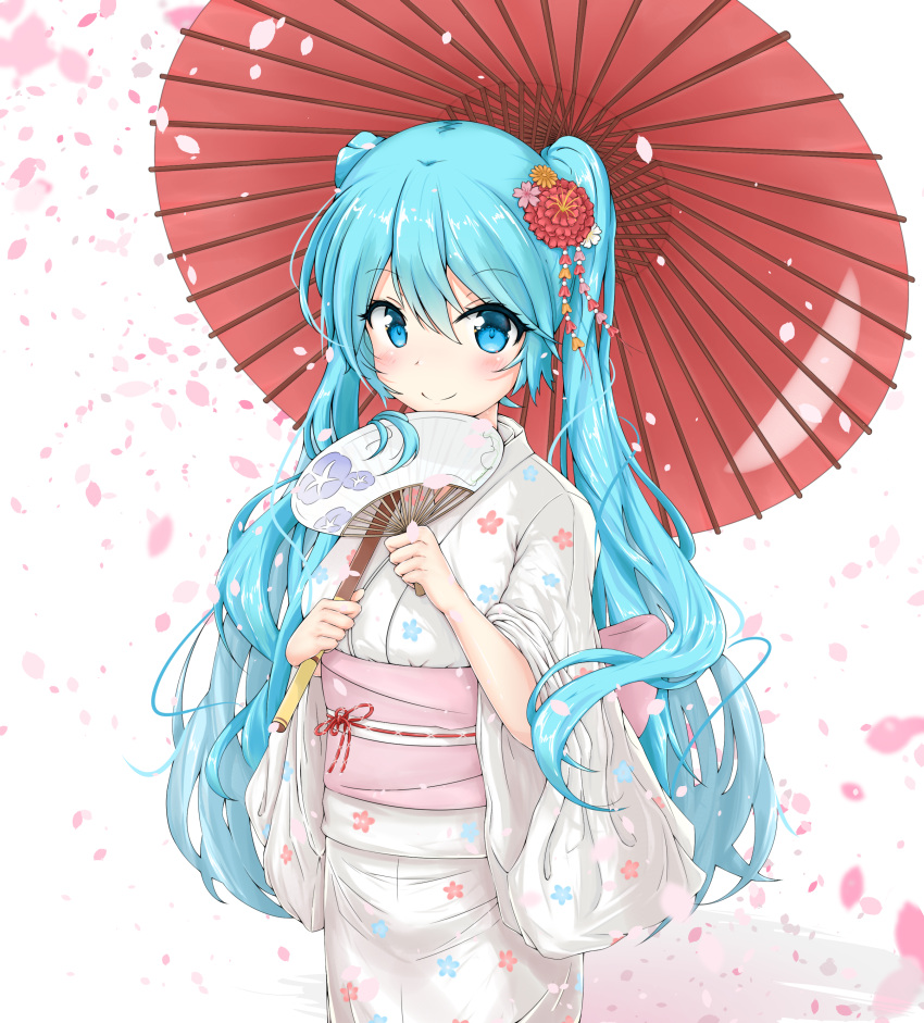 1girl absurdres blue_eyes blue_hair blush bow breasts commentary cowboy_shot falling_petals fan flower flower_ornament hair_flower hair_ornament hatsune_miku highres holding holding_fan holding_object holding_umbrella japanese_clothes kimono long_hair long_sleeves looking_at_viewer mikoo_o39 oriental_umbrella paper_fan pink_petals print_kimono red_umbrella shadow small_breasts smile twintails umbrella very_long_hair vocaloid white_background white_kimono yukata