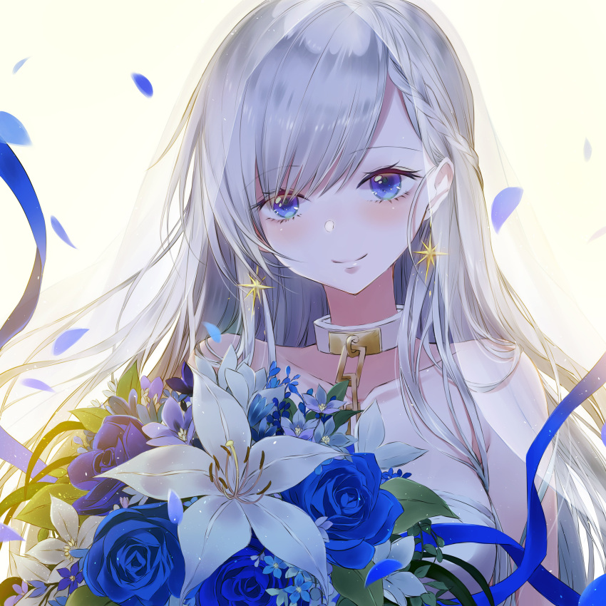 1girl absurdres azur_lane bangs bare_shoulders belfast_(azur_lane) blue_eyes blush bouquet braid bridal_veil bride chains closed_mouth collar collarbone commentary_request crown_braid dress earrings eyebrows_visible_through_hair flower highres jewelry lips long_hair petals shiny shiny_hair silver_hair simple_background smile solo strapless strapless_dress tsukioka_tsukiho veil white_background