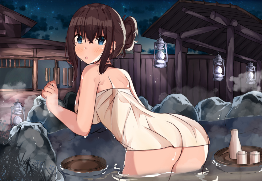 1girl absurdres alcohol alternate_hairstyle ass bath bathing bending_forward blue_eyes blush bottle breasts brown_hair bucket clouds commentary_request cowboy_shot eyebrows_visible_through_hair from_behind from_side hair_between_eyes hair_over_shoulder highres idolmaster idolmaster_cinderella_girls large_breasts long_hair looking_at_viewer naked_towel night night_sky norazura onsen open_mouth outdoors rock sagisawa_fumika sake sake_bottle sidelocks sky solo star_(sky) starry_sky steam thighs towel wading water wet