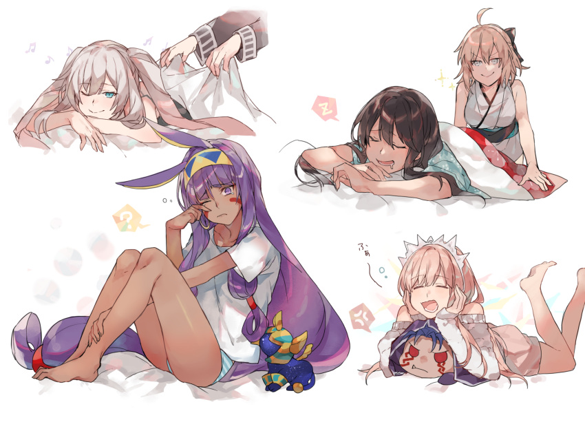 &gt;:) 5girls ;( ;) ? ^_^ ahoge alternate_costume animal_ears bangs bare_arms bare_legs bare_shoulders barefoot beamed_eighth_notes bed_sheet black_hair blanket blonde_hair blue_eyes blue_hair blue_panties blush closed_eyes closed_mouth cu_chulainn_alter_(fate/grand_order) dark_skin disembodied_limb dress drooling drowsy eighth_note eyebrows_visible_through_hair facial_mark fang fang_out fate/grand_order fate_(series) frown gradient_hair grey_hair hairband hand_on_own_leg hands_on_own_cheeks hands_on_own_face highres holding japanese_clothes kimono knees_up lancer legs_up long_hair long_sleeves low-tied_long_hair lying marie_antoinette_(fate/grand_order) medb_(fate)_(all) medb_(fate/grand_order) multicolored_hair multiple_girls musical_note nitocris_(fate/grand_order) no_hat no_headwear oda_nobunaga_(fate) off-shoulder_dress off-shoulder_sweater off_shoulder okita_souji_(fate) okita_souji_(fate)_(all) on_stomach one_eye_closed open_mouth panties pink_hair purple_hair red_eyes shiny shiny_hair shirt short_sleeves sidelocks simple_background sitting sleeping sleepy sleeveless sleeveless_kimono smile smug speech_bubble spoken_question_mark spoken_zzz striped striped_panties sweater sweater_dress translated twintails two-tone_hairband under_covers underwear very_long_hair violet_eyes waking_up waltz_(tram) wavy_mouth white_background white_dress white_hairband white_kimono white_shirt white_sweater wiping_face yawning