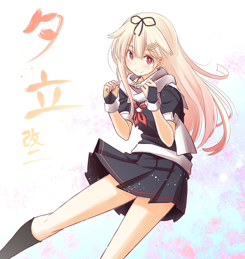 black_ribbon black_serafuku black_skirt blonde_hair character_name commentary_request fingerless_gloves fujisaki_yuu gloves gradient_hair hair_flaps hair_ornament hair_ribbon hairclip highres kantai_collection long_hair looking_at_viewer multicolored_hair neckerchief pleated_skirt red_eyes red_neckwear remodel_(kantai_collection) ribbon scarf school_uniform serafuku simple_background skirt smile white_scarf yuudachi_(kantai_collection)