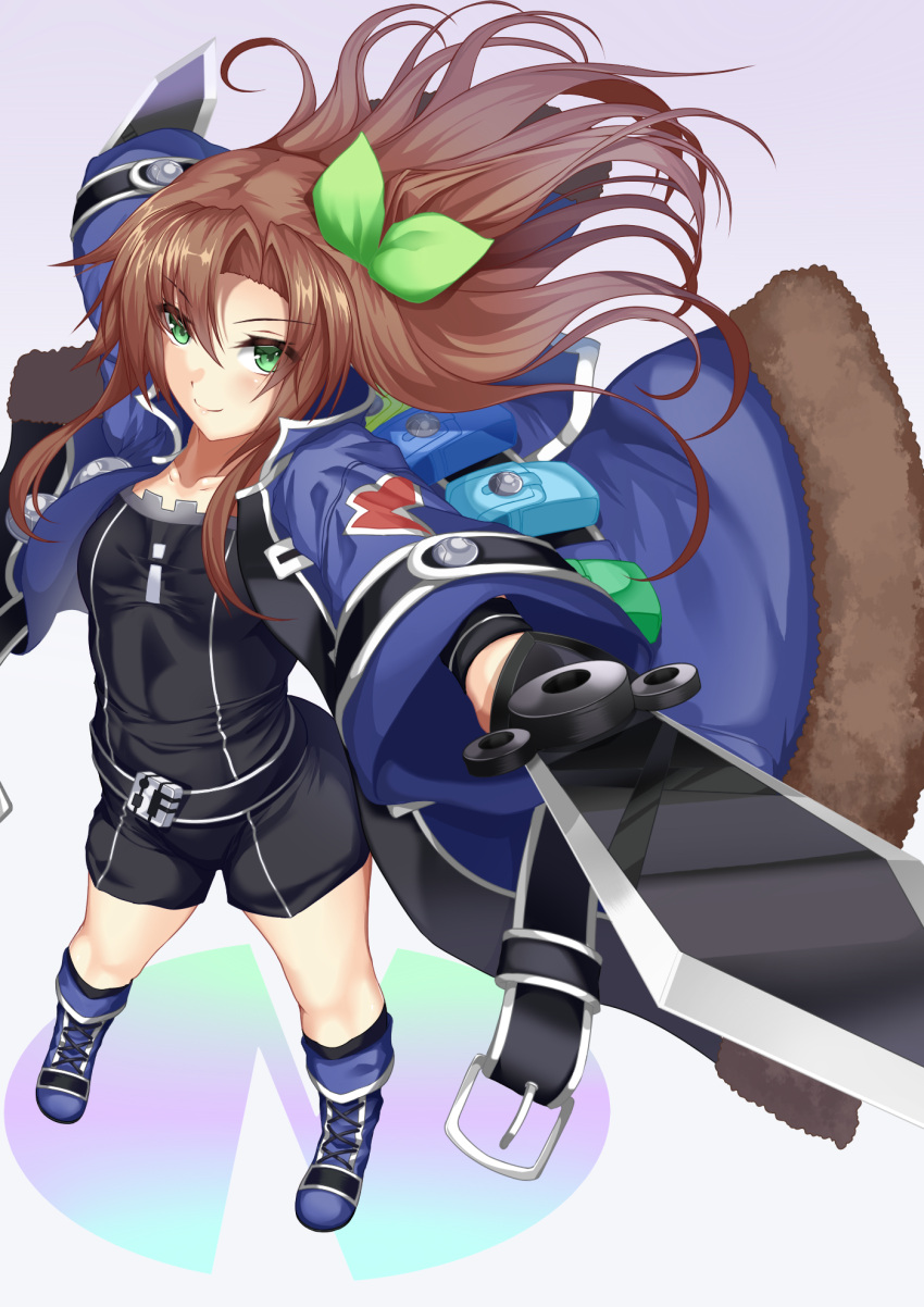 1girl blade blush bow brown_hair dagger green_eyes hair_bow hair_ornament highres if_(choujigen_game_neptune) ill long_hair looking_at_viewer neptune_(series) one_side_up ribbon smile solo weapon