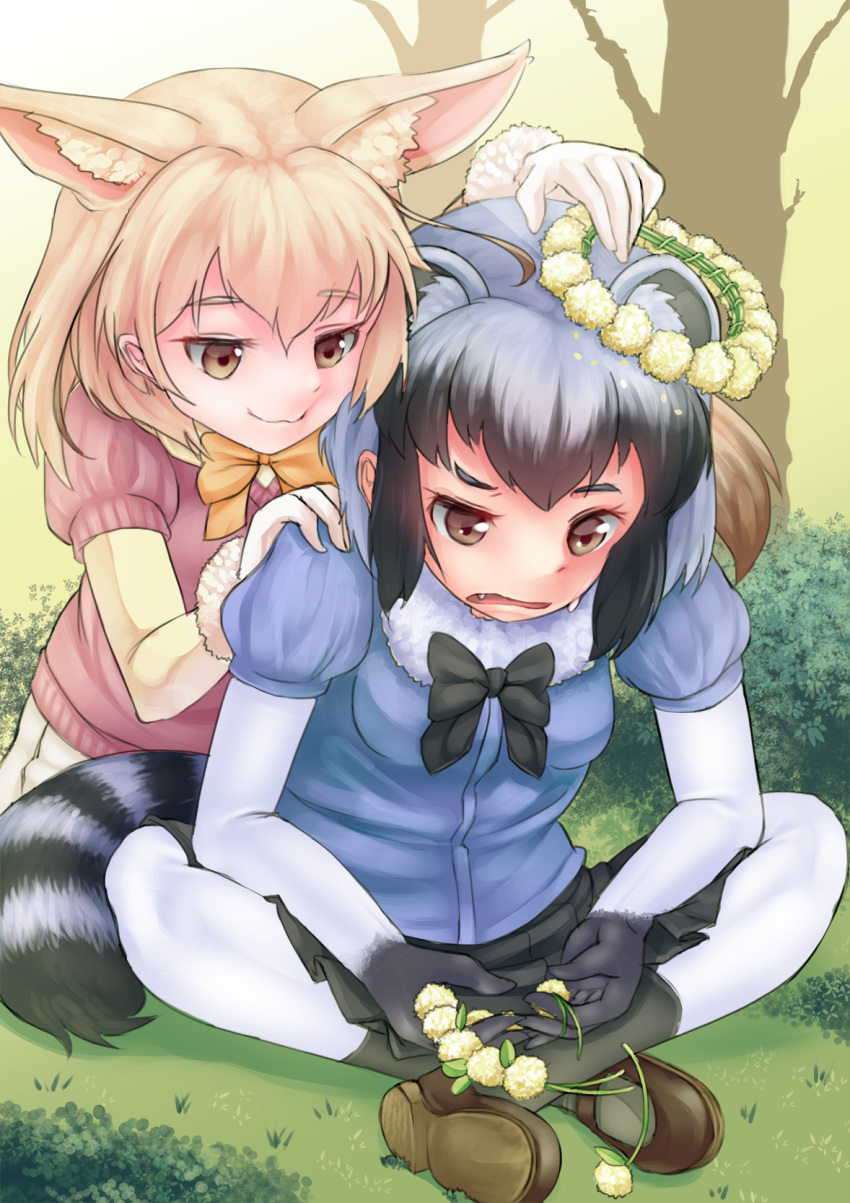 2girls :3 animal_ears backlighting bangs black_hair black_neckwear black_skirt blonde_hair blue_shirt bodystocking bow bowtie brown_eyes bush commentary_request common_raccoon_(kemono_friends) day eyebrows_visible_through_hair fang fennec_(kemono_friends) fox_ears fox_tail frown fur_collar gloves grass grey_hair hand_on_another's_shoulder head_wreath highres holding kemono_friends kneeling leaning_forward mahirutarou miniskirt multicolored_hair multiple_girls open_mouth orange_neckwear outdoors pantyhose pink_sweater pleated_skirt puffy_short_sleeves puffy_sleeves raccoon_ears raccoon_tail shirt short_hair short_sleeves sitting skirt smile sweater tail tree v-neck white_legwear white_skirt