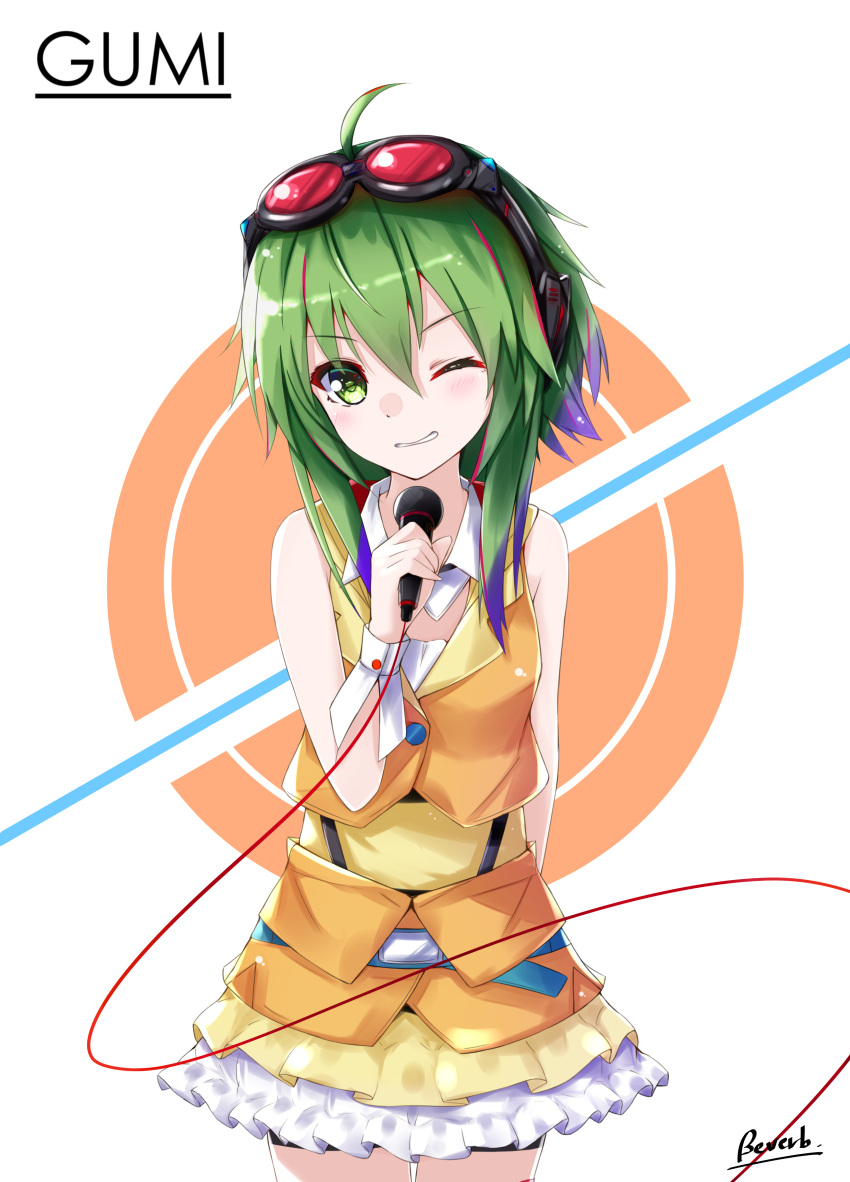1girl ;d absurdres arm_behind_back bee_doushi belt character_name choker cowboy_shot eyebrows_visible_through_hair goggles goggles_on_head green_eyes green_hair grin gumi hair_between_eyes head_tilt highres holding holding_microphone layered_skirt long_hair looking_at_viewer microphone miniskirt multicolored_hair one_eye_closed open_mouth purple_hair shiny shiny_hair shirt signature skirt sleeveless sleeveless_shirt smile solo standing two-tone_hair vocaloid white_background yellow_skirt