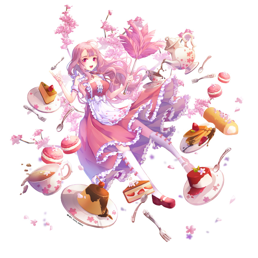 1girl absurdres blush breasts cake cherry_blossoms cleavage cup eyebrows_visible_through_hair feather_duster food fork highres index_finger_raised jii_dayday kneehighs large_breasts long_hair looking_at_viewer maid open_mouth original pancake plate red_footwear slice_of_cake smile solo spoon tea teacup teapot white_legwear