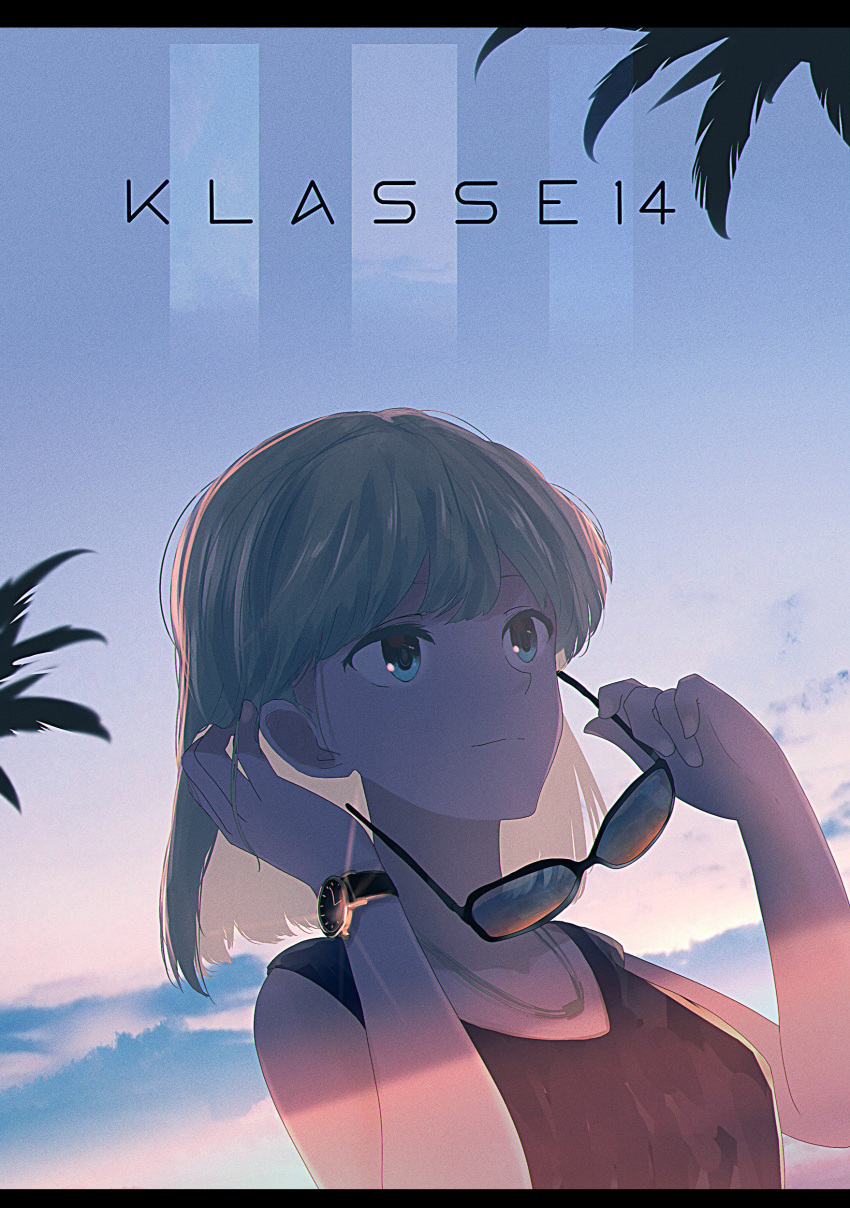1girl absurdres bangs bare_shoulders blonde_hair blue_eyes blunt_bangs closed_mouth clouds commentary highres holding holding_eyewear jewelry klasse14 mifuru necklace original outdoors palm_tree palms product_placement short_hair smile sunglasses sunset tank_top title tree watch watch