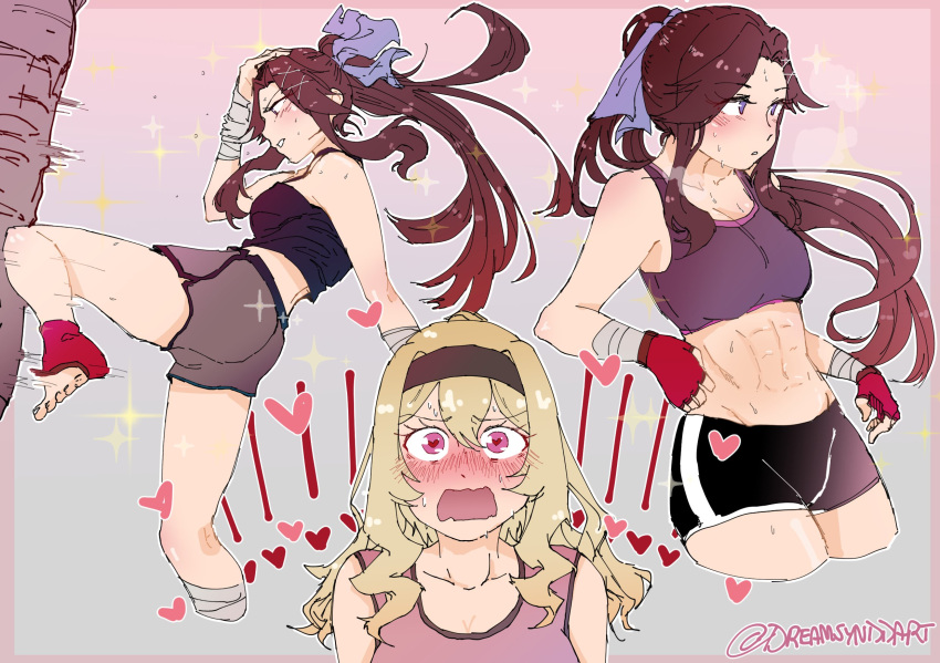 2girls abs alternate_universe artist_request blue_eyes blush brown_hair fingerless_gloves gloves gym_shorts hairband heart heart-shaped_pupils highres kickboxing kicking multiple_girls open_mouth ponytail punching_bag saijou_claudine shorts shoujo_kageki_revue_starlight sweat symbol-shaped_pupils tendou_maya yuri