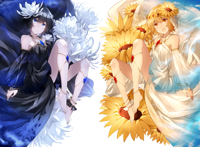 2girls :d anklet arms_at_sides bangle bangs bare_shoulders barefoot black_dress black_hair blue_eyes blue_sky bracelet closed_mouth commentary_request detached_sleeves dress expressionless flower flower_wreath frills full_body gem hair_flower hair_ornament head_wreath hizuki_miya jewelry knees_up layered_dress long_sleeves looking_at_viewer multiple_girls night night_sky open_mouth orange_eyes orange_hair original pale_skin see-through short_hair_with_long_locks simple_background single_sidelock sitting sky smile star_(sky) starry_sky sunflower_hair_ornament veil white_background white_dress white_flower yellow_flower