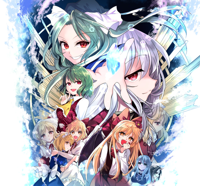 6+girls ascot black_hair blue_background blue_dress blue_hair blue_hat blue_sky bow clenched_hand collared_shirt demon_wings dress elis_(touhou) elly gem gengetsu green_hair hair_ornament hat highres horn hug katayama_kei kazami_yuuka konngara long_hair long_skirt long_sleeves looking_at_viewer looking_to_the_side maid_headdress mima mugetsu multiple_girls out_of_frame outstretched_hand plaid plaid_skirt plaid_vest red_bow red_dress red_eyes red_skirt red_vest sariel shinki shirt short_hair skirt sky smile star_tattoo tattoo touhou touhou_(pc-98) vest white_bow white_hair white_hat white_shirt wings wizard_hat yellow_bow yellow_eyes yellow_neckwear yumeko