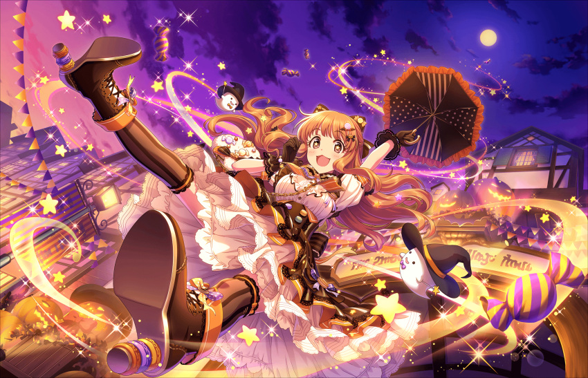 1girl :3 arm_up artist_request bag bangs blush boots bow breasts brown_eyes candy clouds corset dress eyebrows_visible_through_hair feather_boa food frilled_dress frills from_below full_moon ghost gloves hair_bow hair_ornament halloween halloween_costume hat highres holding holding_umbrella idolmaster idolmaster_cinderella_girls idolmaster_cinderella_girls_starlight_stage jack-o'-lantern jumping long_hair looking_at_viewer macaron moon moroboshi_kirari night official_art open_mouth outdoors outstretched_arm puffy_short_sleeves puffy_sleeves pumpkin shoes short_sleeves sky smile solo star star-shaped_pupils striped striped_legwear symbol-shaped_pupils thigh-highs umbrella vertical-striped_legwear vertical_stripes witch_hat