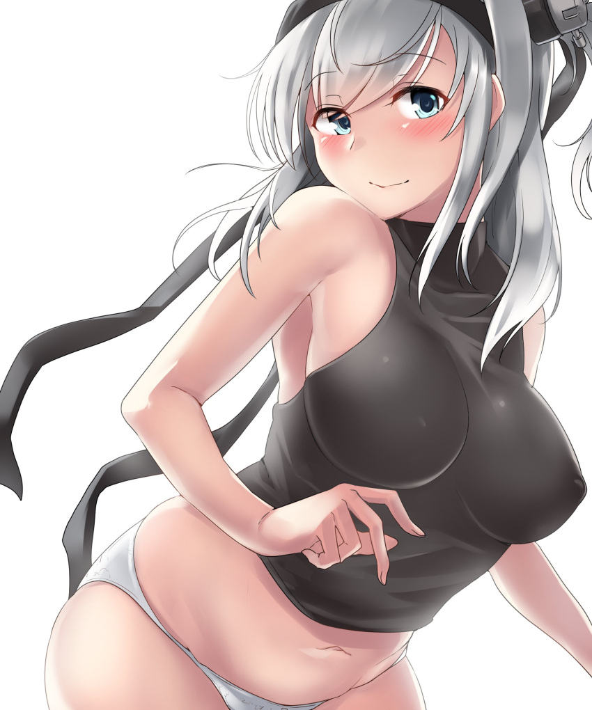 1girl absurdres bangs bare_shoulders blue_eyes blush breasts closed_mouth covered_nipples eyebrows_visible_through_hair hachimaki hair_between_eyes hair_ornament hand_up headband highres kantai_collection kiritto long_hair looking_at_viewer medium_breasts navel one_side_up panties sidelocks silver_hair simple_background smile solo stomach suzutsuki_(kantai_collection) thighs turtleneck underwear white_background white_panties